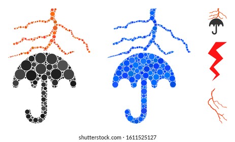 Thunderstorm lightning umbrella composition of filled circles in different sizes and color tints, based on thunderstorm lightning umbrella icon.