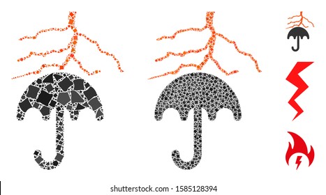 Thunderstorm lightning umbrella icon mosaic of humpy elements in different sizes and color tints, based on thunderstorm lightning umbrella icon. Vector trembly elements are organized into collage.