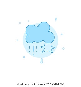 Thunderstorm, lightning weather forecast vector icon. Flat illustration. Filled line style. Blue monochrome design. Editable stroke. Adjust line weight.