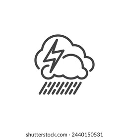 Thunderstorm line icon. linear style sign for mobile concept and web design. Clouds with lightning bolt and rain outline vector icon. Stormy weather symbol, logo illustration. Vector graphics