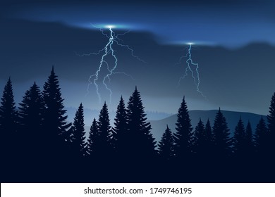 
Thunderstorm in the mountains. Rain in the forest. Vector background.