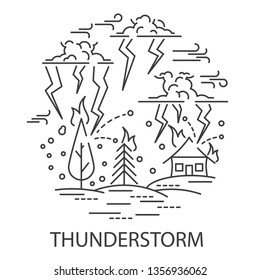 Thunderstorm Natural Disaster banner in linear style. Compositions of disasters. Vector illustration.