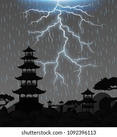 Thunderstorm at Night over Chinese Temple illustration