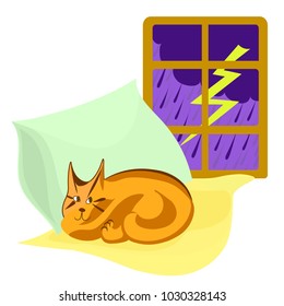 Thunderstorm outside the window, cat sleeps on yellow and green pillows. Vector cartoon color image.