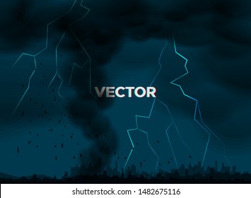 Thunderstorm over the city. Lightning in the night sky illuminates a tornado or fire smoke, Huge Tornado, Storm.
Wind cyclone, twisted vortex, dangerous natural disaster Vector Illustration