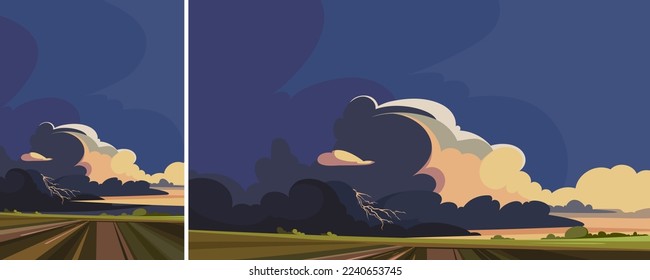 Thunderstorm over the fields. Nature landscape in different formats.