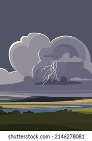 Thunderstorm over the river. Nature landscape in portrait format.