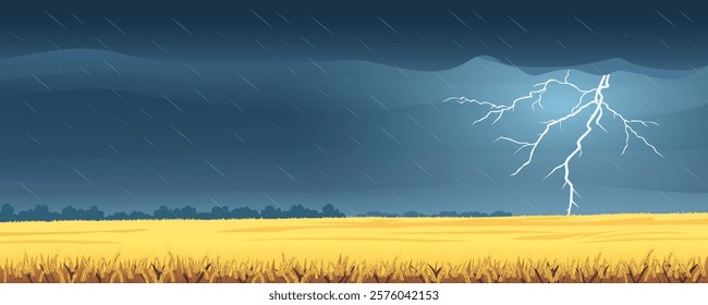 Thunderstorm over a wheat field. Beautiful lightning and rain on a wheat field. Fields of yellow wheat against the backdrop of a stunning thunderstorm with lightning. Black sky with thunderclouds.