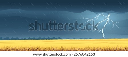 Thunderstorm over a wheat field. Beautiful lightning and rain on a wheat field. Fields of yellow wheat against the backdrop of a stunning thunderstorm with lightning. Black sky with thunderclouds.