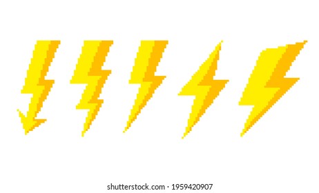 Thunderstorm pixel discharges. Lightning electrical flashes with geometric curves high voltage hazard and powerful vector.