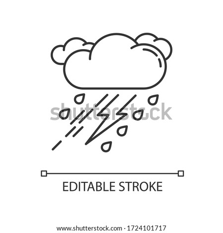 Thunderstorm pixel perfect linear icon. Bad weather, meteo forecast thin line customizable illustration. Contour symbol. Raining cloud with lightning vector isolated outline drawing. Editable stroke