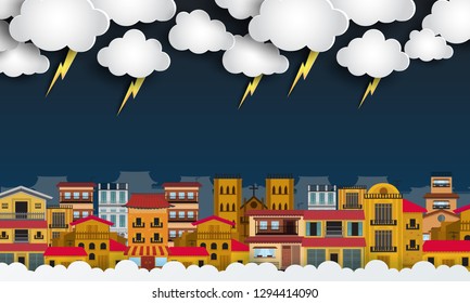 Thunderstorm and rain in cityscape. flat design