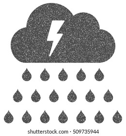 Thunderstorm Rain Cloud grainy textured icon for overlay watermark stamps. Flat symbol with unclean texture. Dotted vector gray ink rubber seal stamp with grunge design on a white background.