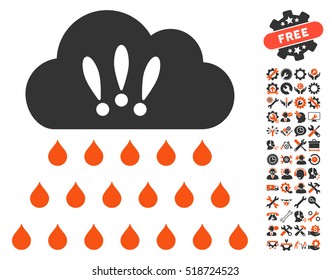 Thunderstorm Rain Cloud icon with bonus configuration symbols. Vector illustration style is flat iconic orange and gray symbols on white background.