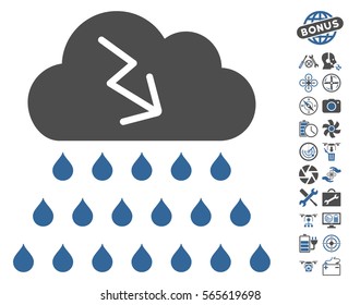 Thunderstorm Rain Cloud icon with bonus aircopter service design elements. Vector illustration style is flat iconic cobalt and gray symbols on white background.