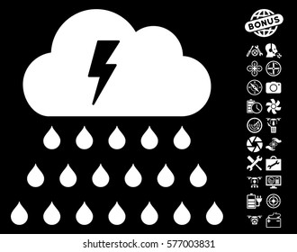 Thunderstorm Rain Cloud icon with bonus airdrone tools clip art. Vector illustration style is flat iconic white symbols on black background.
