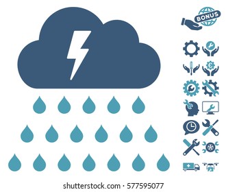Thunderstorm Rain Cloud icon with bonus configuration pictures. Vector illustration style is flat iconic cyan and blue symbols on white background.