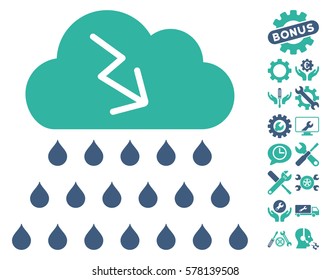 Thunderstorm Rain Cloud icon with bonus settings images. Vector illustration style is flat iconic cobalt and cyan symbols on white background.