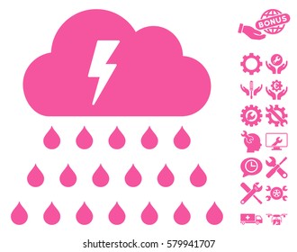 Thunderstorm Rain Cloud icon with bonus setup tools pictures. Vector illustration style is flat iconic pink symbols on white background.