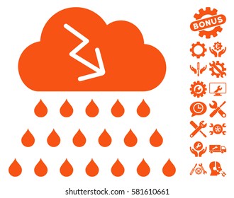 Thunderstorm Rain Cloud icon with bonus service graphic icons. Vector illustration style is flat iconic orange symbols on white background.