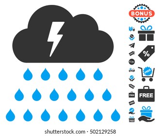 Thunderstorm Rain Cloud icon with free bonus pictograms. Vector illustration style is flat iconic symbols, blue and gray colors, white background.