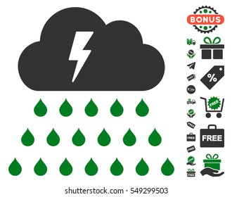 Thunderstorm Rain Cloud icon with free bonus design elements. Vector illustration style is flat iconic symbols, green and gray colors, white background.