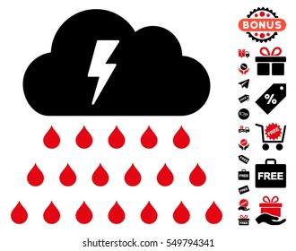 Thunderstorm Rain Cloud icon with free bonus pictures. Vector illustration style is flat iconic symbols, intensive red and black colors, white background.