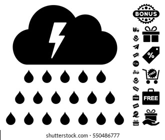 Thunderstorm Rain Cloud icon with free bonus clip art. Vector illustration style is flat iconic symbols, black color, white background.