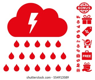 Thunderstorm Rain Cloud icon with free bonus clip art. Vector illustration style is flat iconic symbols, red color, white background.