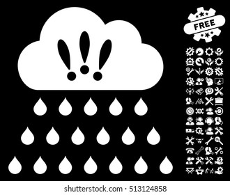 Thunderstorm Rain Cloud pictograph with bonus setup tools pictures. Vector illustration style is flat iconic white symbols on black background.