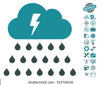 Thunderstorm Rain Cloud pictograph with bonus aircopter service icon set. Vector illustration style is flat iconic symbols on white background.