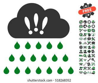 Thunderstorm Rain Cloud pictograph with bonus settings design elements. Vector illustration style is flat iconic green and gray symbols on white background.