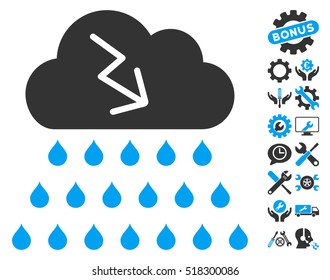 Thunderstorm Rain Cloud pictograph with bonus service icon set. Vector illustration style is flat iconic blue and gray symbols on white background.