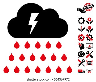Thunderstorm Rain Cloud pictograph with bonus tools icon set. Vector illustration style is flat iconic intensive red and black symbols on white background.