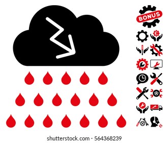 Thunderstorm Rain Cloud pictograph with bonus settings pictograms. Vector illustration style is flat iconic intensive red and black symbols on white background.