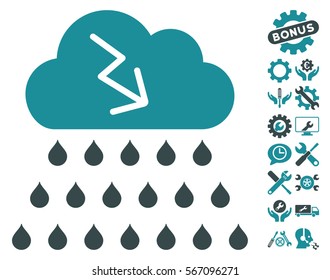 Thunderstorm Rain Cloud pictograph with bonus tools images. Vector illustration style is flat iconic soft blue symbols on white background.
