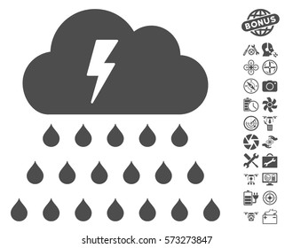 Thunderstorm Rain Cloud pictograph with bonus airdrone tools graphic icons. Vector illustration style is flat iconic symbols on white background.