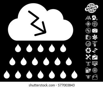 Thunderstorm Rain Cloud pictograph with bonus nanocopter service icon set. Vector illustration style is flat iconic white symbols on black background.
