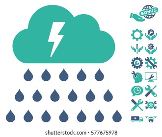 Thunderstorm Rain Cloud pictograph with bonus options graphic icons. Vector illustration style is flat iconic cobalt and cyan symbols on white background.