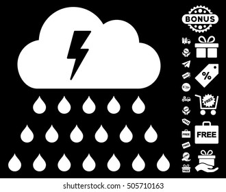 Thunderstorm Rain Cloud pictograph with free bonus symbols. Vector illustration style is flat iconic symbols, white color, black background.