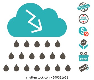 Thunderstorm Rain Cloud pictograph with free bonus pictograms. Vector illustration style is flat iconic symbols, grey and cyan colors, white background.