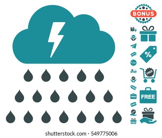 Thunderstorm Rain Cloud pictograph with free bonus pictograph collection. Vector illustration style is flat iconic symbols, soft blue colors, white background.