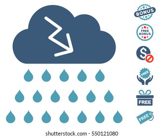 Thunderstorm Rain Cloud pictograph with free bonus icon set. Vector illustration style is flat iconic symbols, cyan and blue colors, white background.