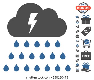 Thunderstorm Rain Cloud pictograph with free bonus design elements. Vector illustration style is flat iconic symbols, cobalt and gray colors, white background.