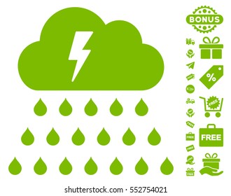 Thunderstorm Rain Cloud pictograph with free bonus images. Vector illustration style is flat iconic symbols, eco green color, white background.