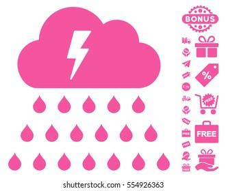Thunderstorm Rain Cloud pictograph with free bonus design elements. Vector illustration style is flat iconic symbols, pink color, white background.