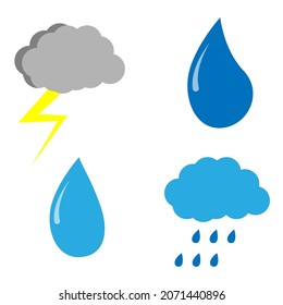 Thunderstorm and rain clouds. Drop sign. Weather element. Meteorology background. Vector illustration. Stock image. 