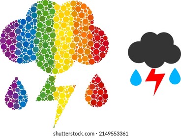 Thunderstorm rain composition icon of spheric dots in various sizes and spectrum colored shades. A dotted LGBT-colored thunderstorm rain for lesbians, gays, bisexuals, and transgenders.