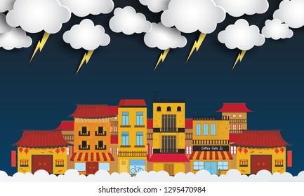 Thunderstorm and rain in the old town