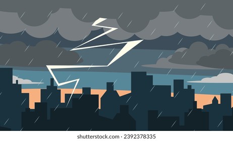 Thunderstorm and rain on the city. Vector illustration in flat style
